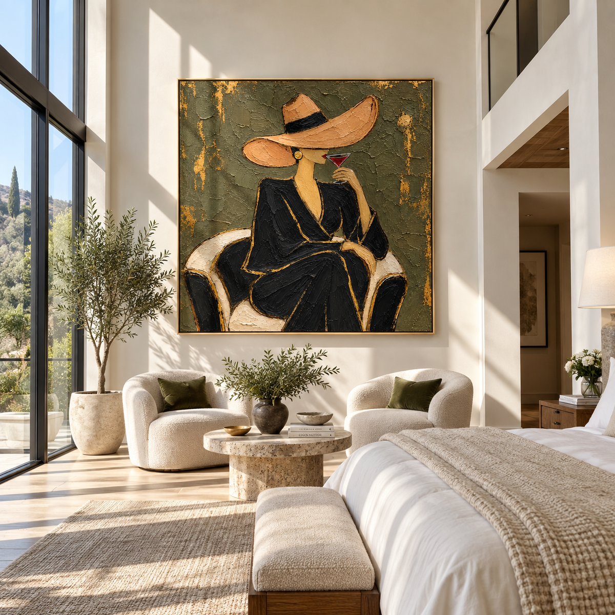 Golden Pause – woman in black dress with martini, Retro Modern square wall art - displayed on a calm bedroom wall