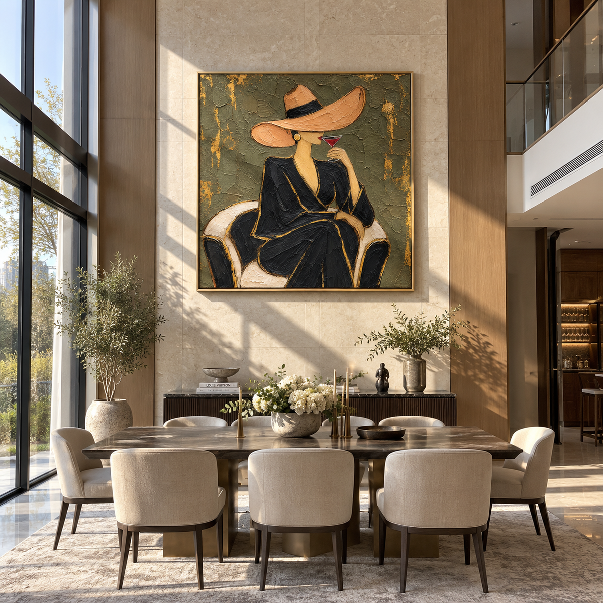 Golden Pause – woman in black dress with martini, Retro Modern square wall art - displayed beside a home office desk
