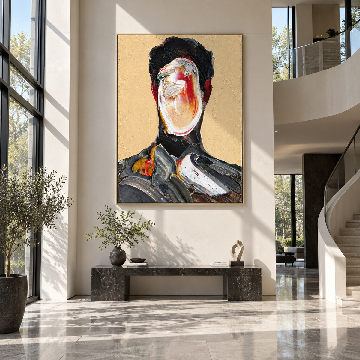 Painted Identity – abstract faceless male portrait, Retro Modern vertical wall art - displayed through an entryway