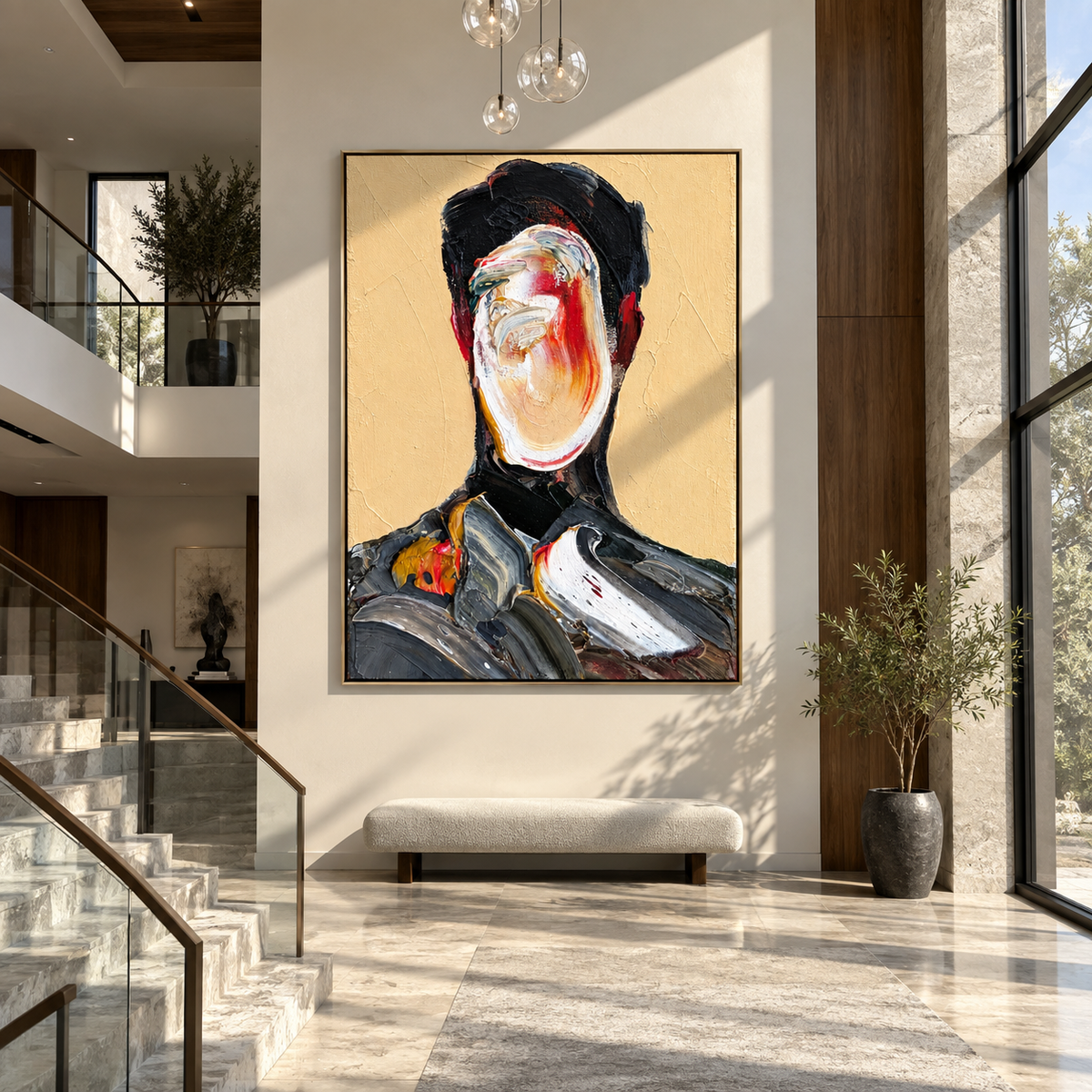 Painted Identity – abstract faceless male portrait, Retro Modern vertical wall art - displayed along a stair landing