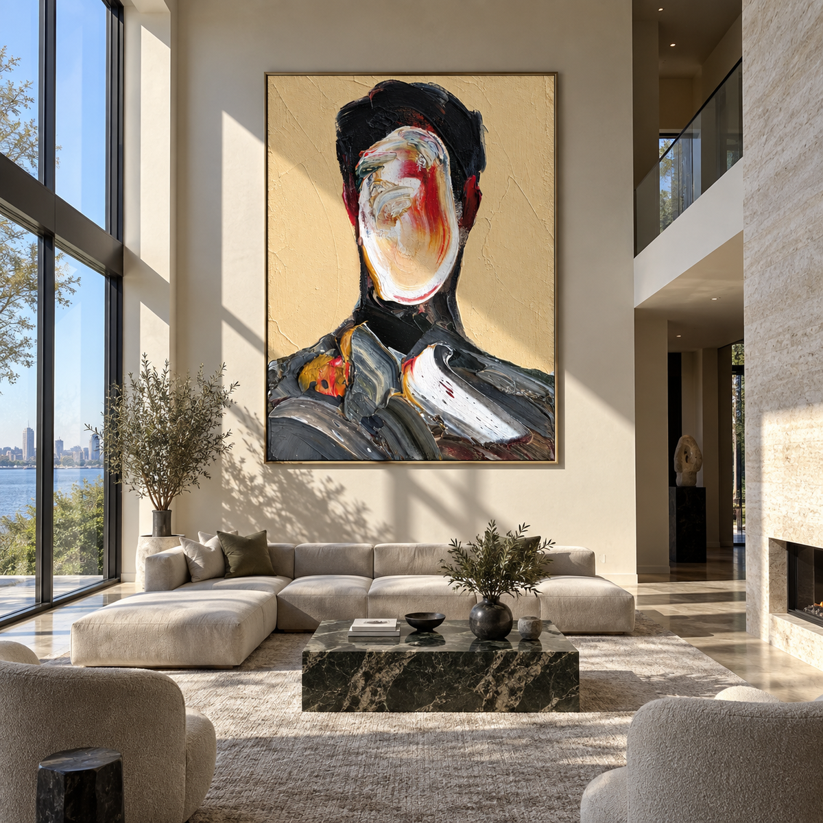 Painted Identity – abstract faceless male portrait, Retro Modern vertical wall art - displayed above a narrow living room console