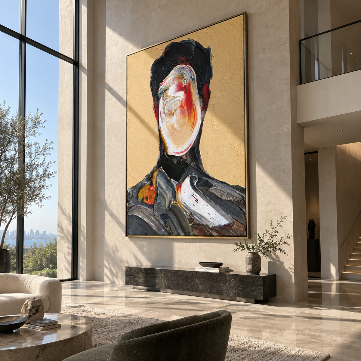 Painted Identity – abstract faceless male portrait, Retro Modern vertical wall art - displayed in a quiet reading corner