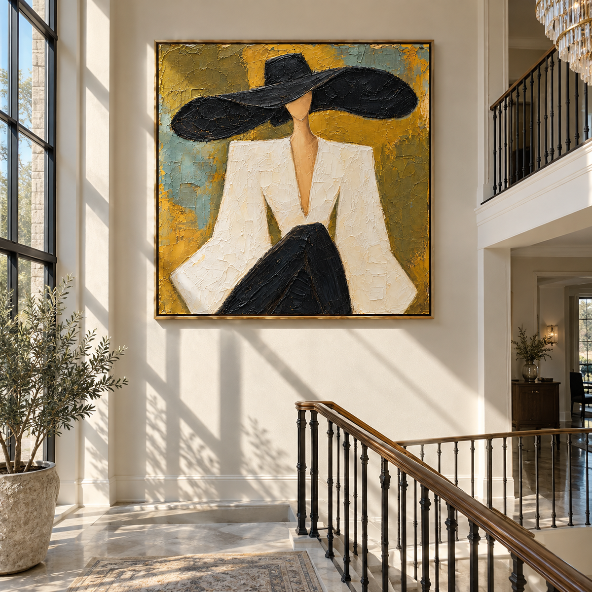 White Statement – woman in white suit and black hat, Retro Modern square wall art - displayed above a living room console