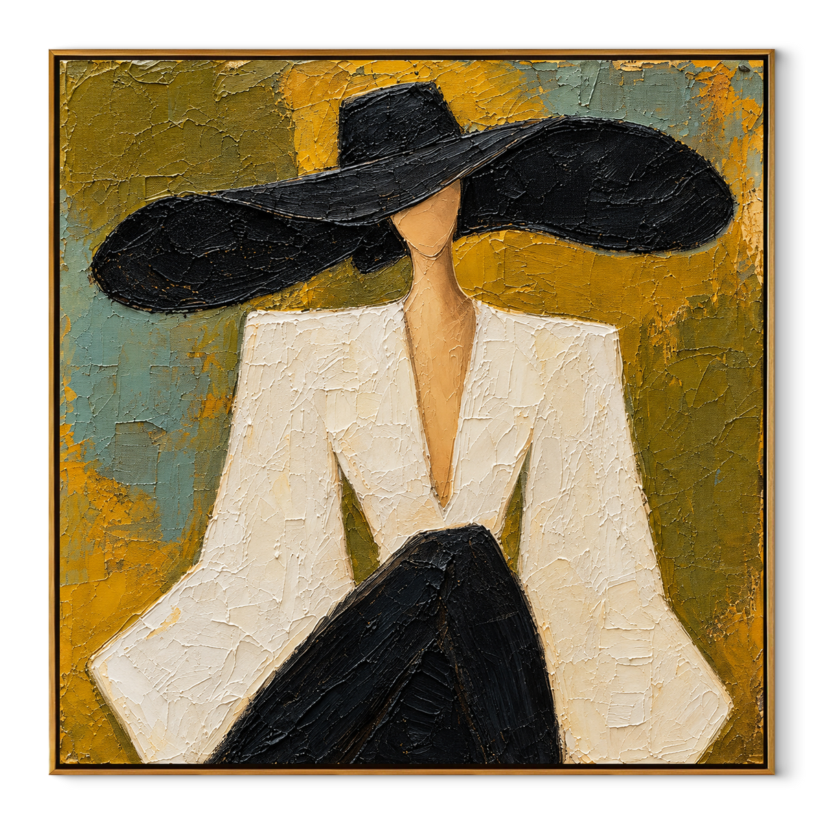 White Statement – woman in white suit and black hat, Retro Modern square wall art - wood frame on white background