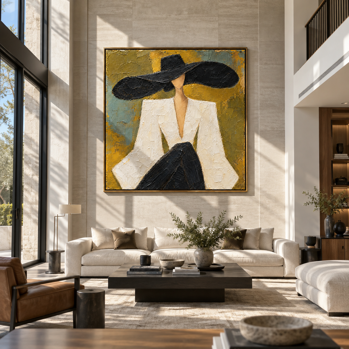White Statement – woman in white suit and black hat, Retro Modern square wall art - displayed on a calm bedroom wall
