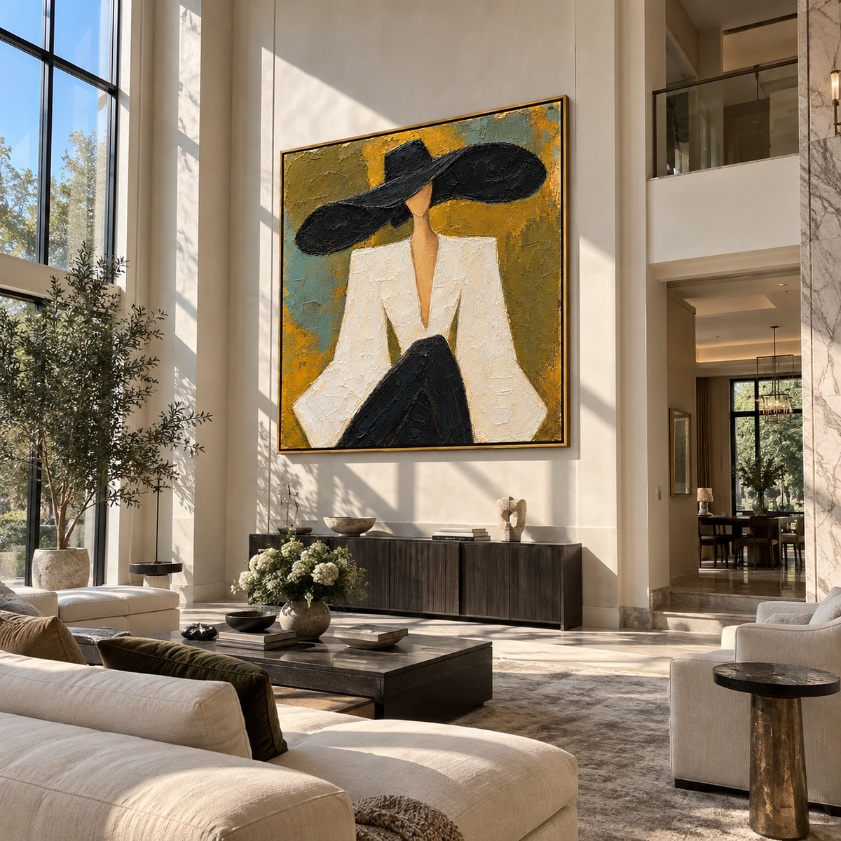 White Statement – woman in white suit and black hat, Retro Modern square wall art - displayed beside a home office desk