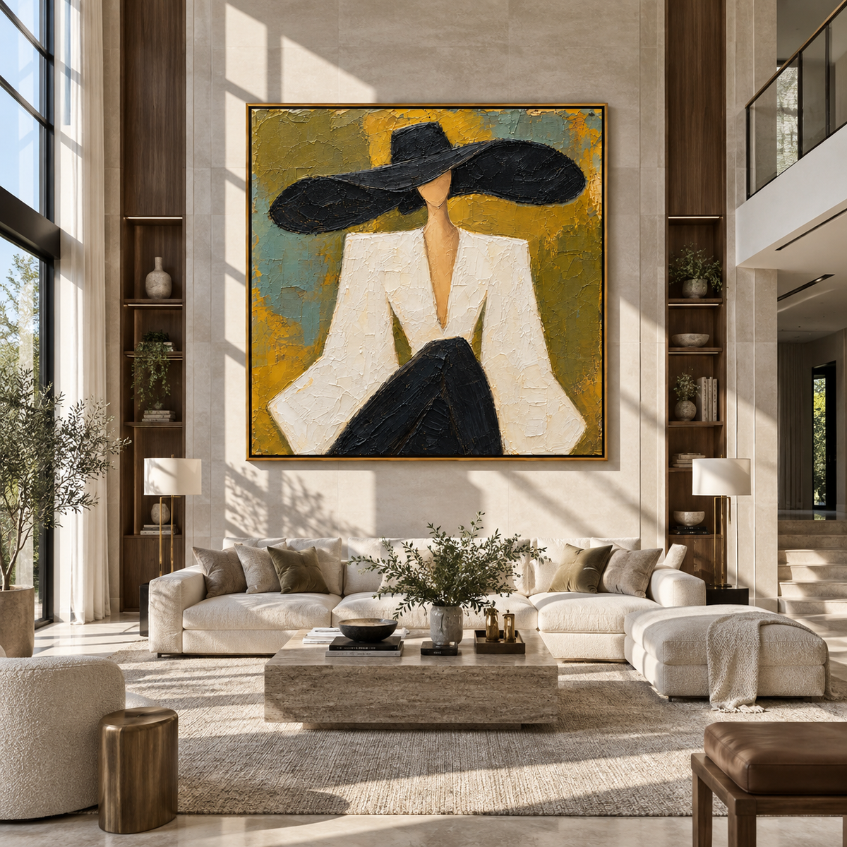 White Statement – woman in white suit and black hat, Retro Modern square wall art - displayed over a low oak cabinet