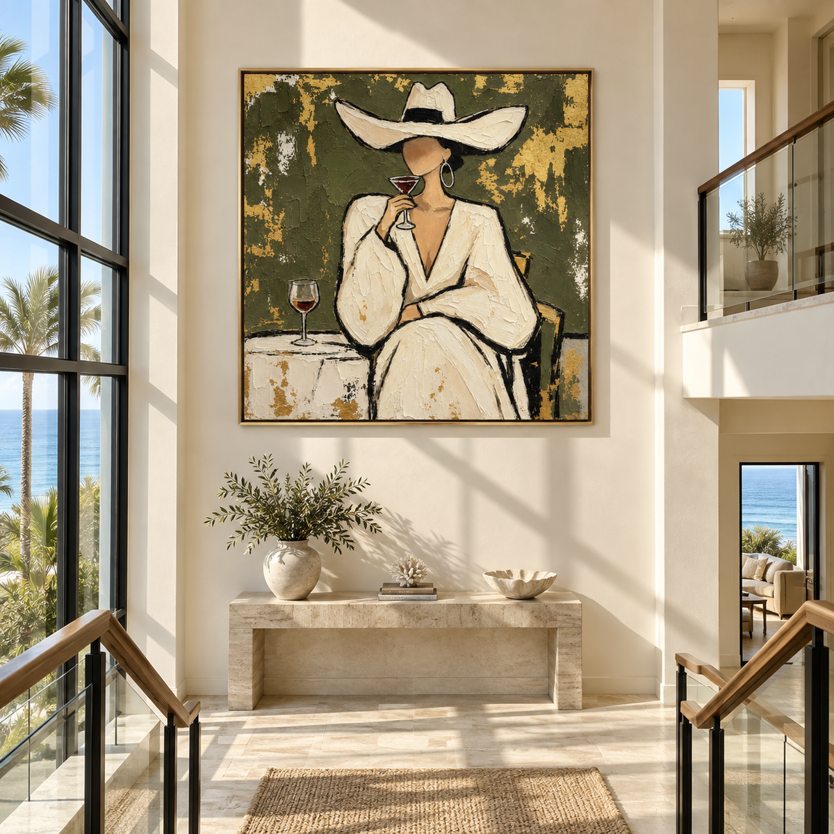Champagne Poise – woman in white suit with wine, Retro Modern square wall art - displayed above a living room console