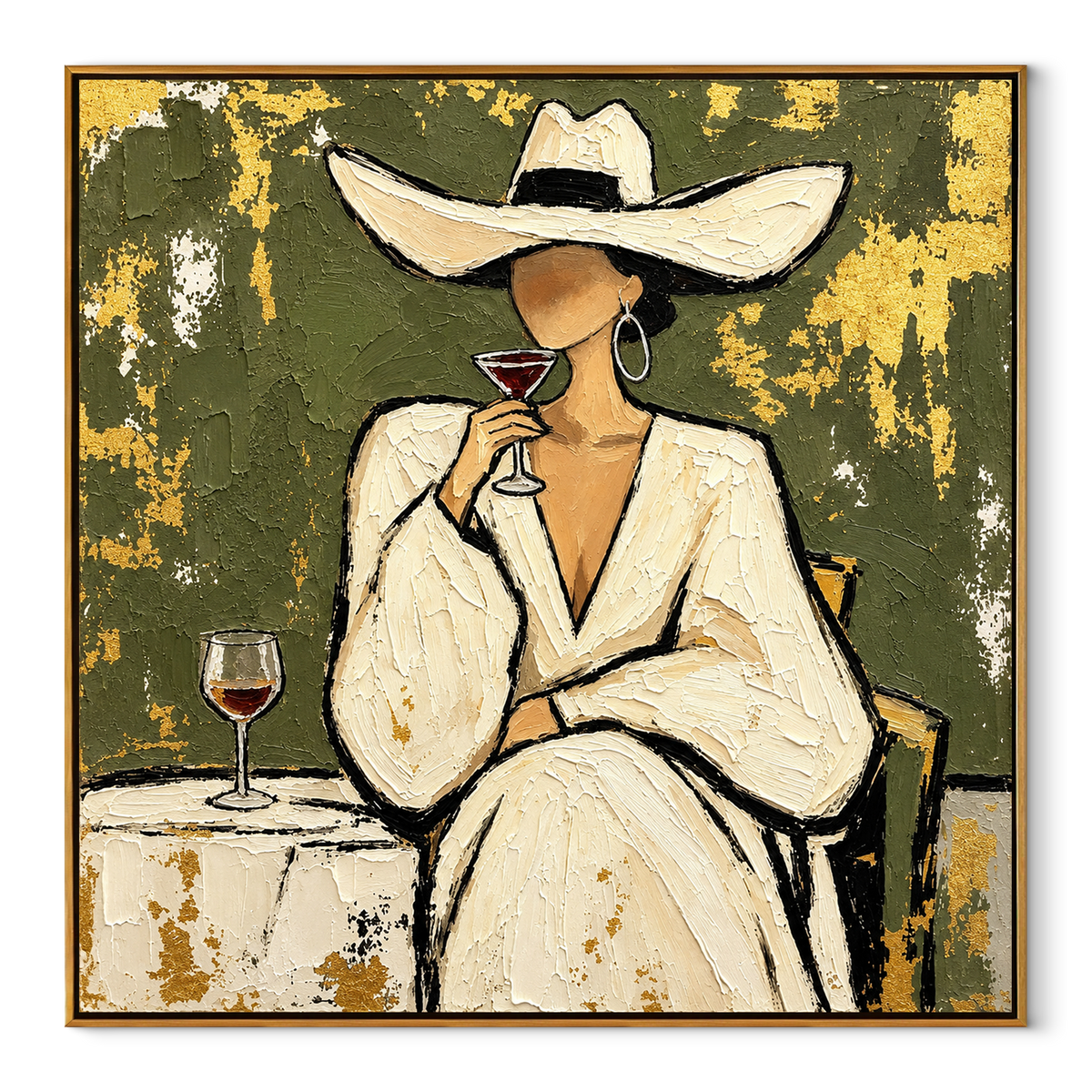 Champagne Poise – woman in white suit with wine, Retro Modern square wall art - wood frame on white background