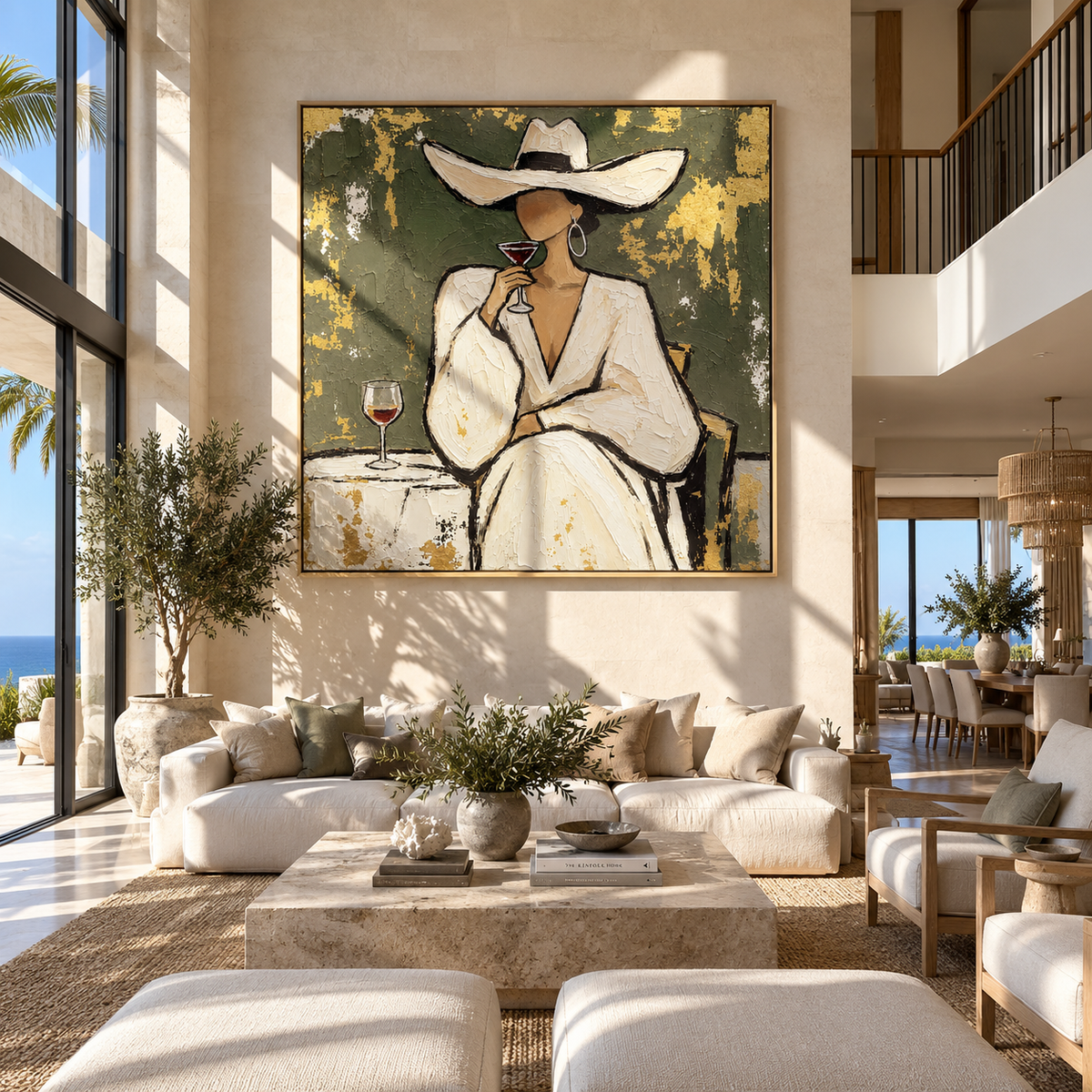 Champagne Poise – woman in white suit with wine, Retro Modern square wall art - displayed on a calm bedroom wall