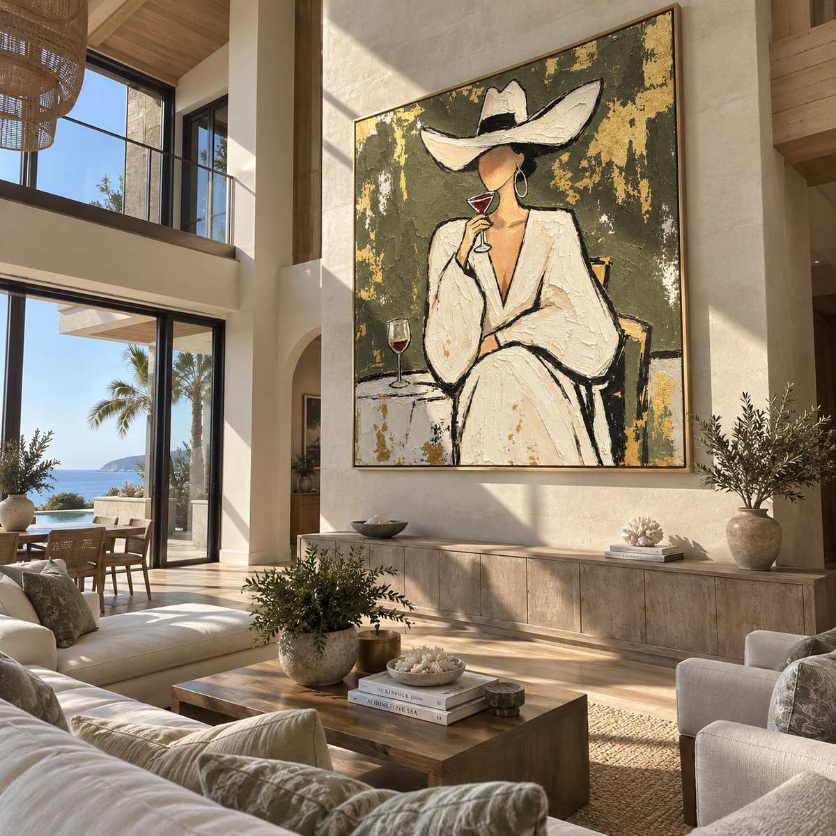 Champagne Poise – woman in white suit with wine, Retro Modern square wall art - displayed beside a home office desk