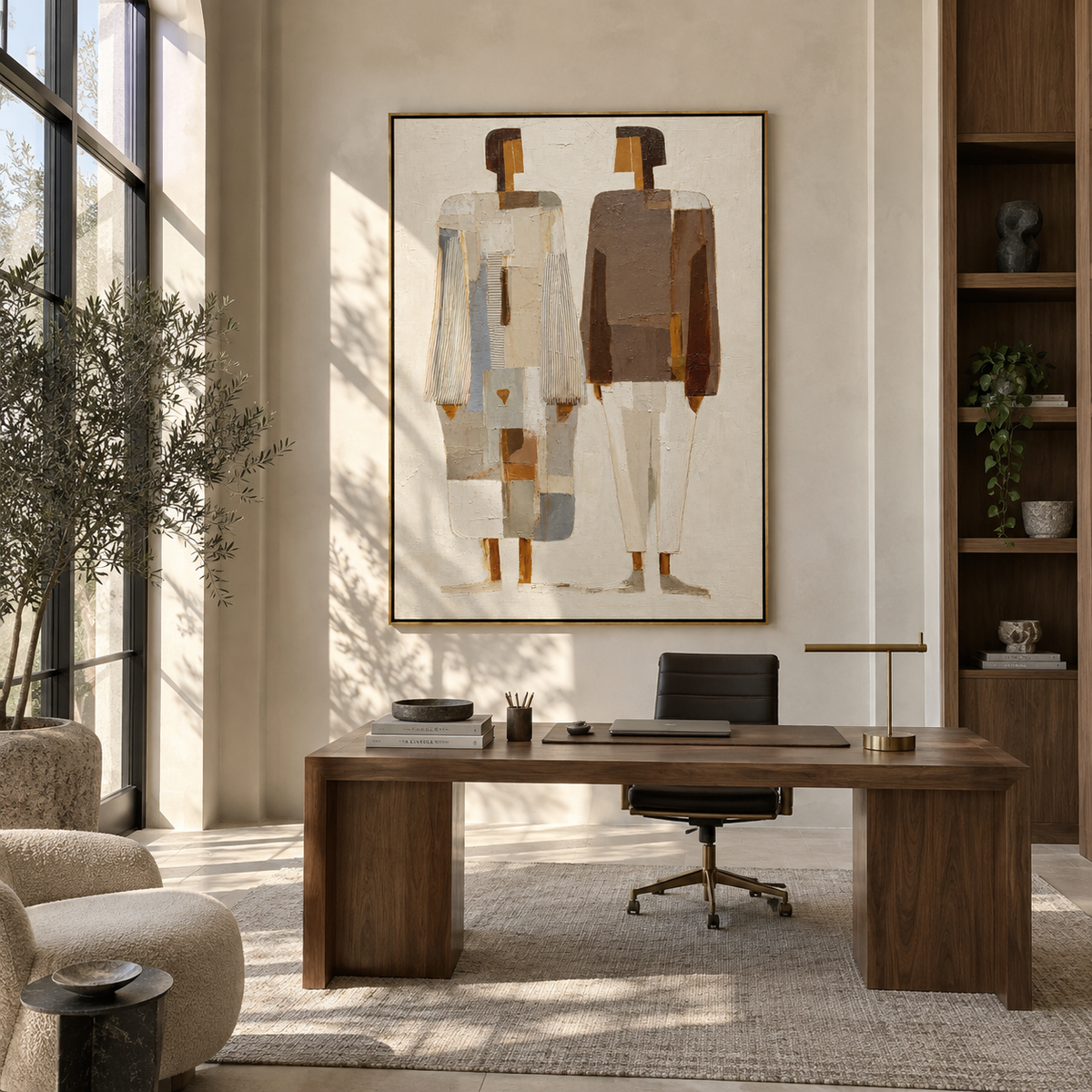 Two Silhouettes – minimal pair in neutral coats, Retro Modern vertical wall art - displayed beside a bedroom dresser