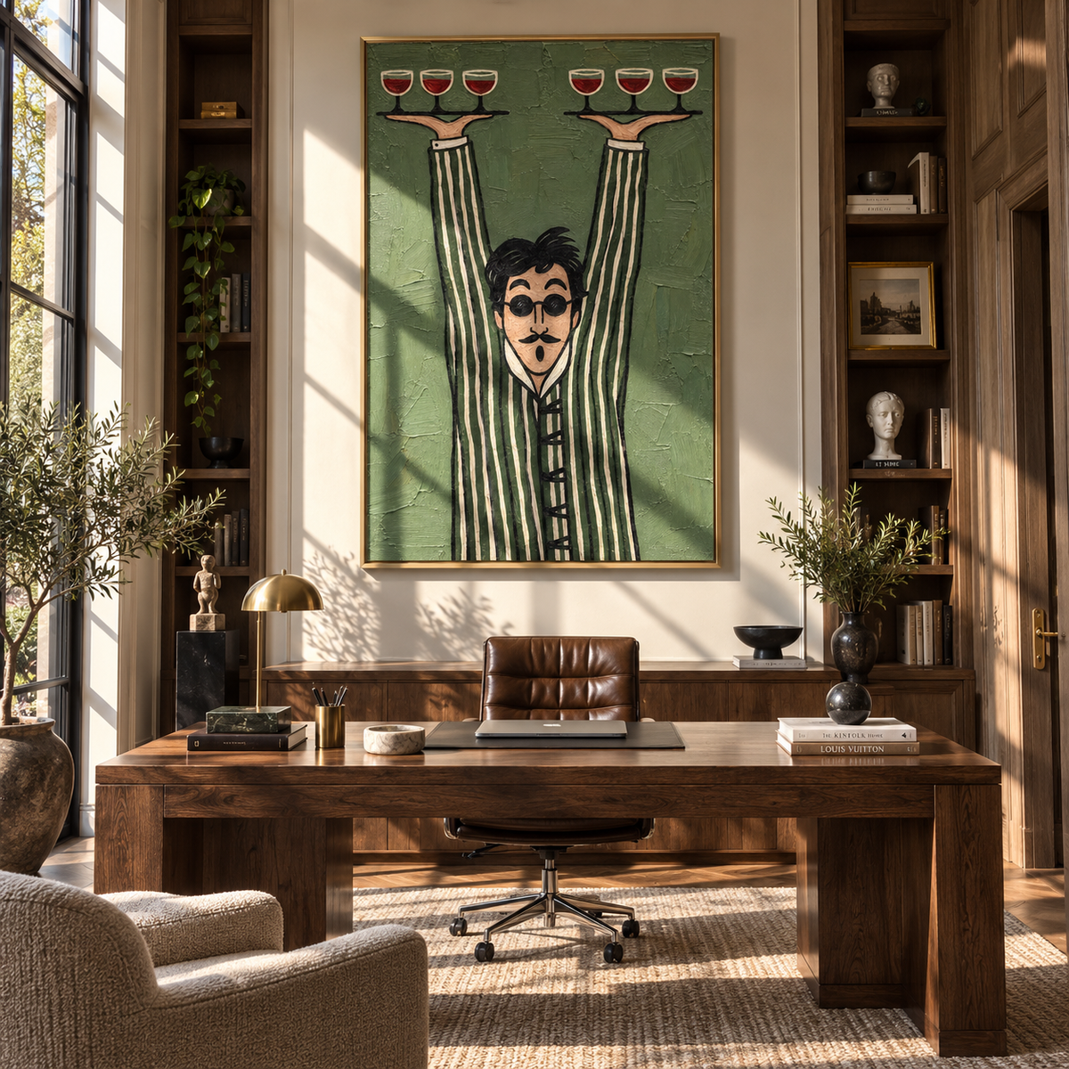 Perfect Balance – waiter balancing six wine glasses, Retro Modern vertical wall art - displayed beside a bedroom dresser