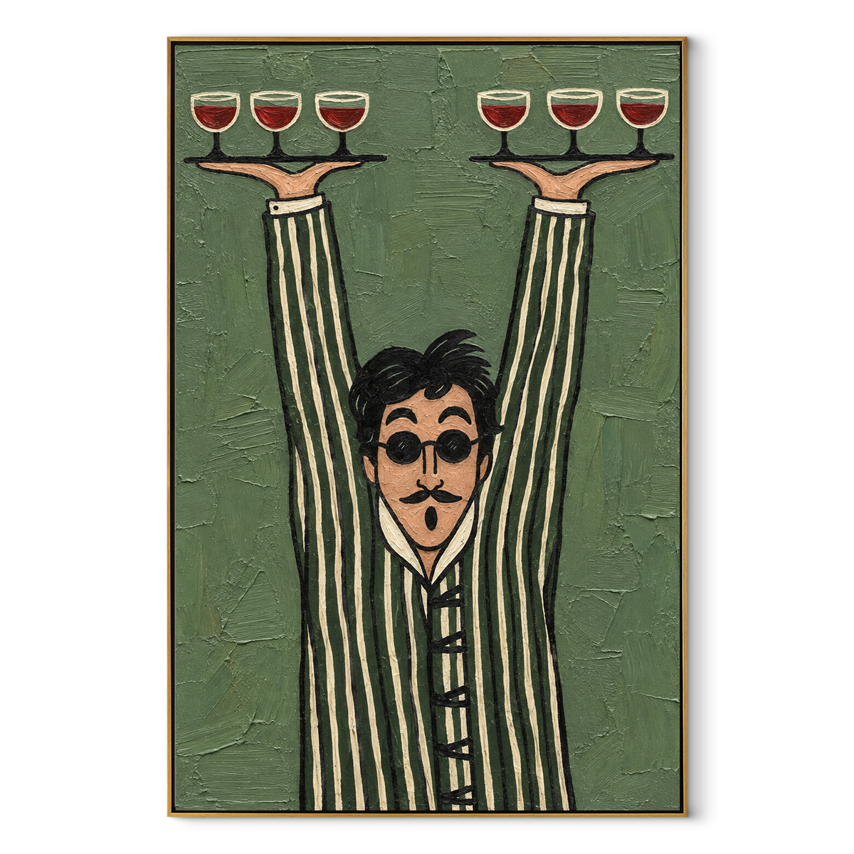 Perfect Balance – waiter balancing six wine glasses, Retro Modern vertical wall art - wood frame on white background