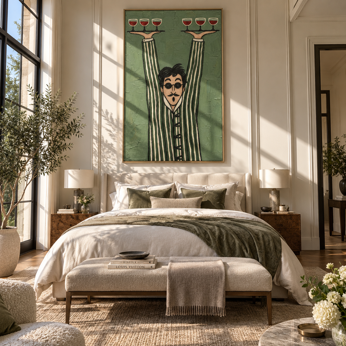 Perfect Balance – waiter balancing six wine glasses, Retro Modern vertical wall art - displayed along a stair landing