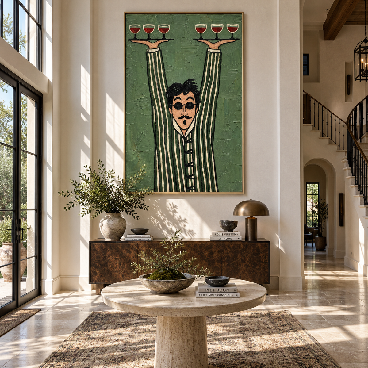 Perfect Balance – waiter balancing six wine glasses, Retro Modern vertical wall art - displayed above a narrow living room console