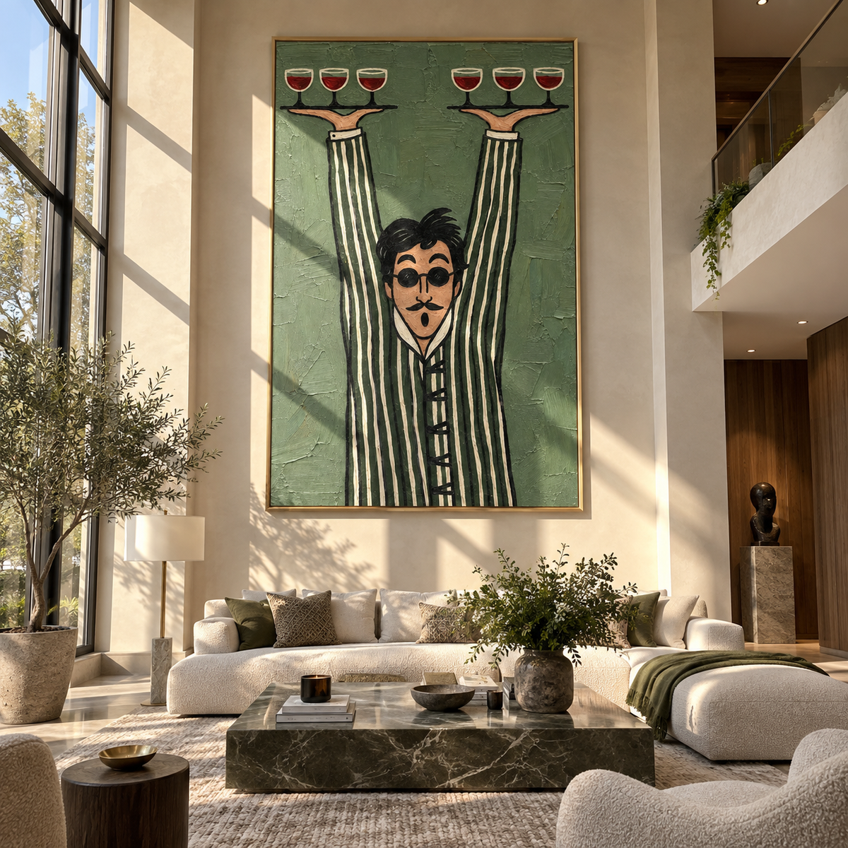 Perfect Balance – waiter balancing six wine glasses, Retro Modern vertical wall art - displayed in a quiet reading corner
