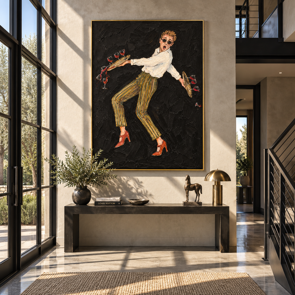 Last Call Dance – dancing waiter with wine bottles, Retro Modern vertical wall art - displayed beside a bedroom dresser