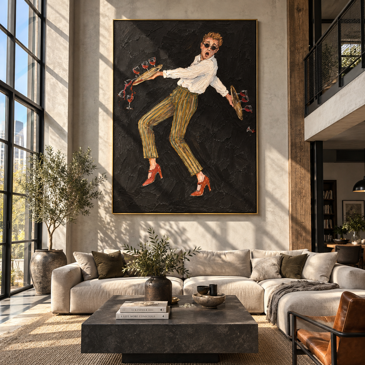 Last Call Dance – dancing waiter with wine bottles, Retro Modern vertical wall art - displayed above a narrow living room console