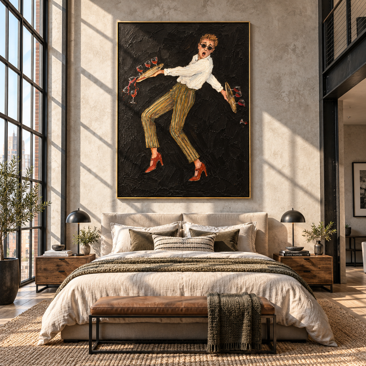 Last Call Dance – dancing waiter with wine bottles, Retro Modern vertical wall art - displayed in a quiet reading corner