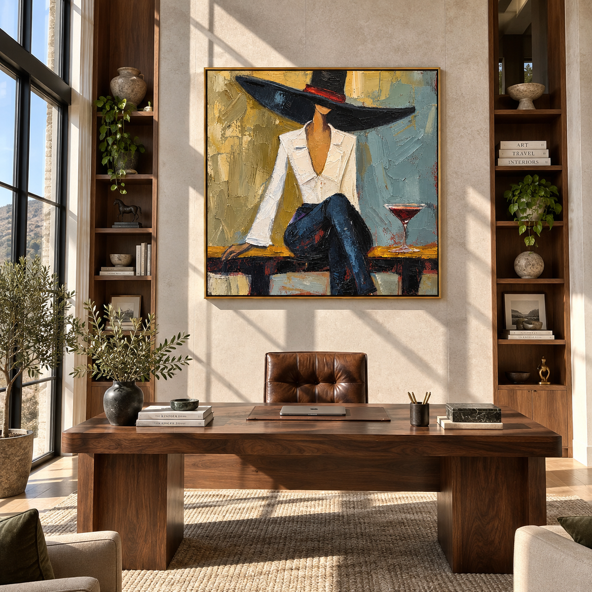 Blue Room Martini – woman in white blouse and navy hat, Retro Modern square wall art - displayed above a living room console