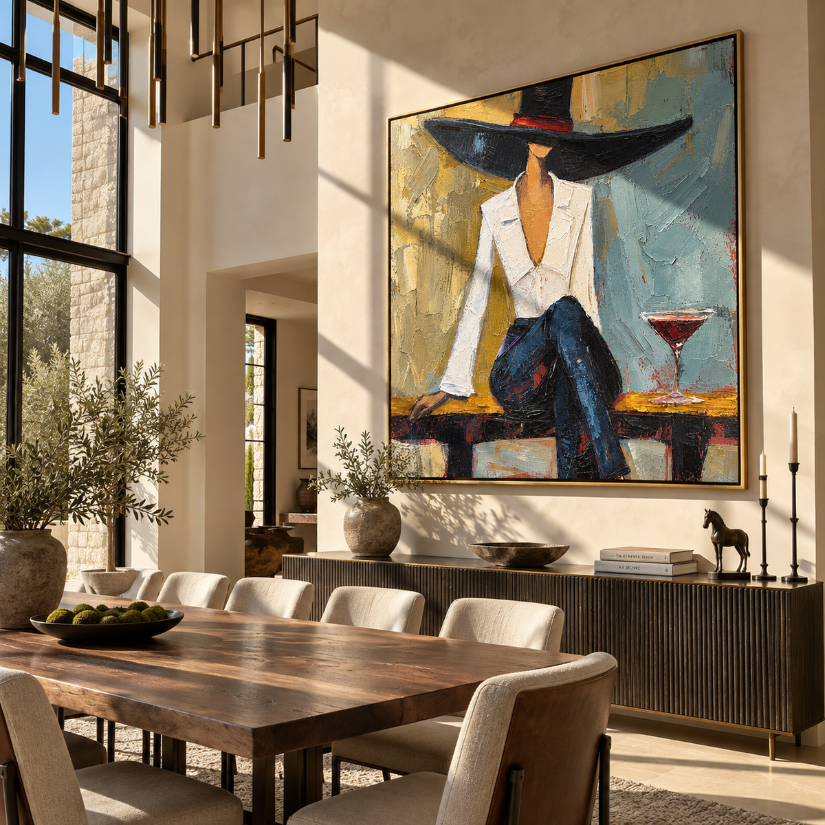 Blue Room Martini – woman in white blouse and navy hat, Retro Modern square wall art - displayed on a calm bedroom wall
