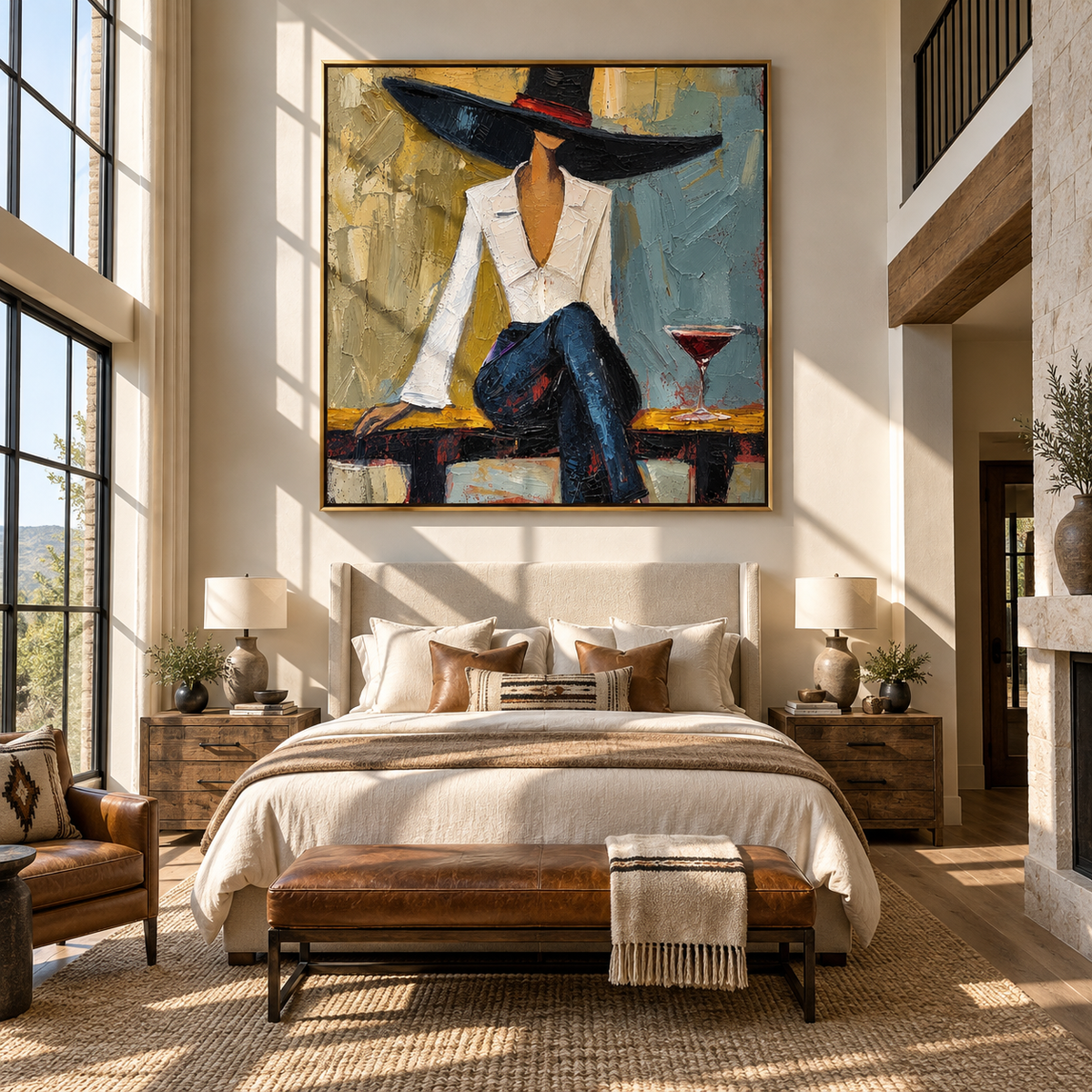 Blue Room Martini – woman in white blouse and navy hat, Retro Modern square wall art - displayed over a low oak cabinet