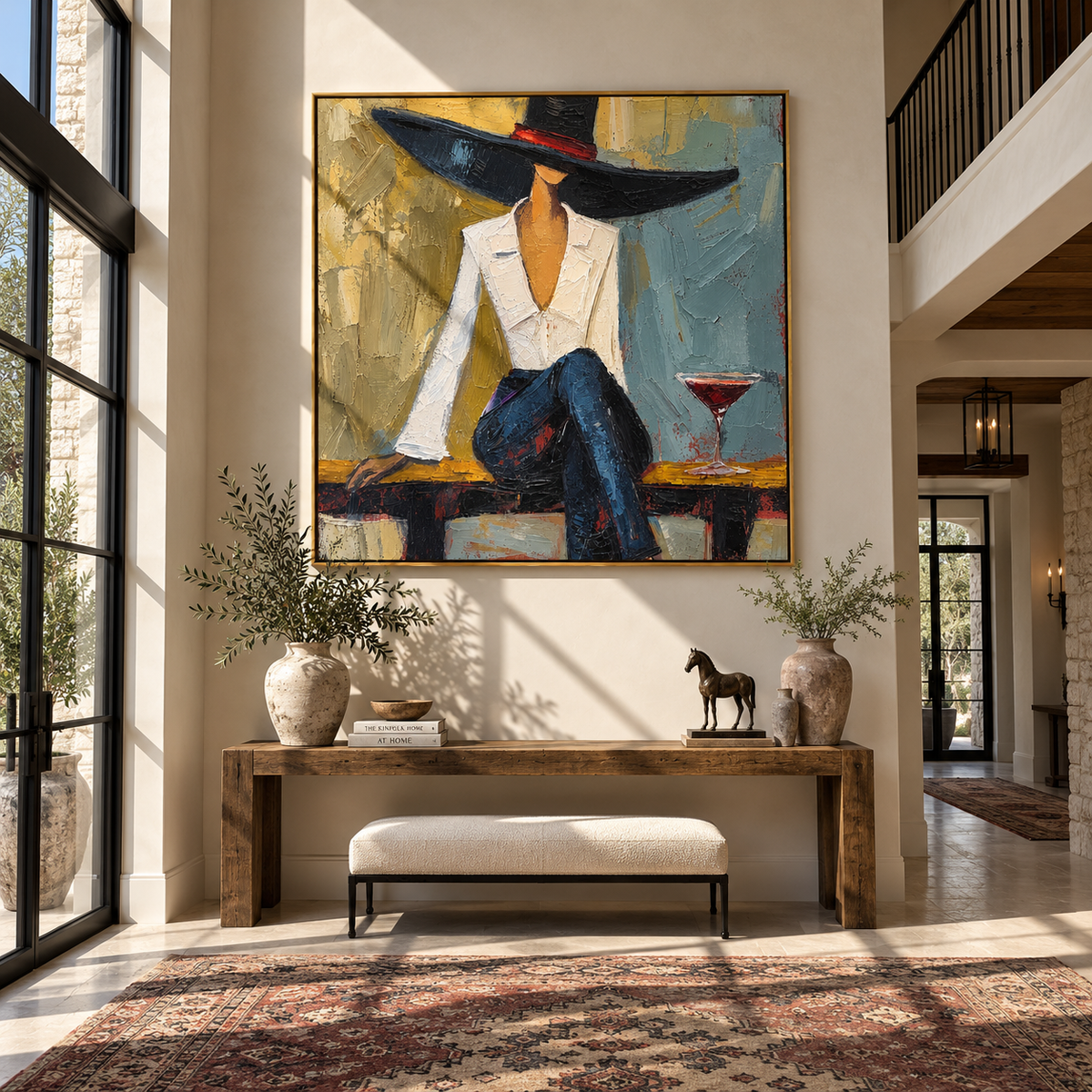 Blue Room Martini – woman in white blouse and navy hat, Retro Modern square wall art - displayed in a collected modern lounge