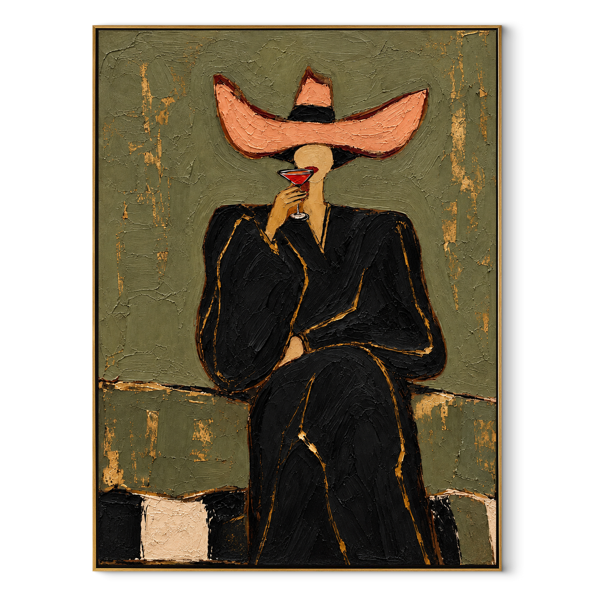 Rose Brim – woman in black suit with pink hat, Retro Modern vertical wall art - wood frame on white background