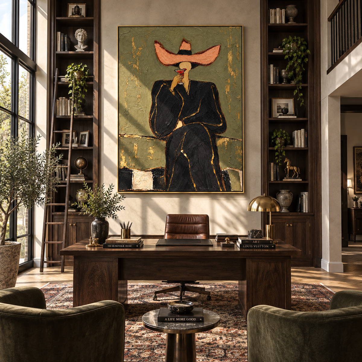 Rose Brim – woman in black suit with pink hat, Retro Modern vertical wall art - displayed above a narrow living room console