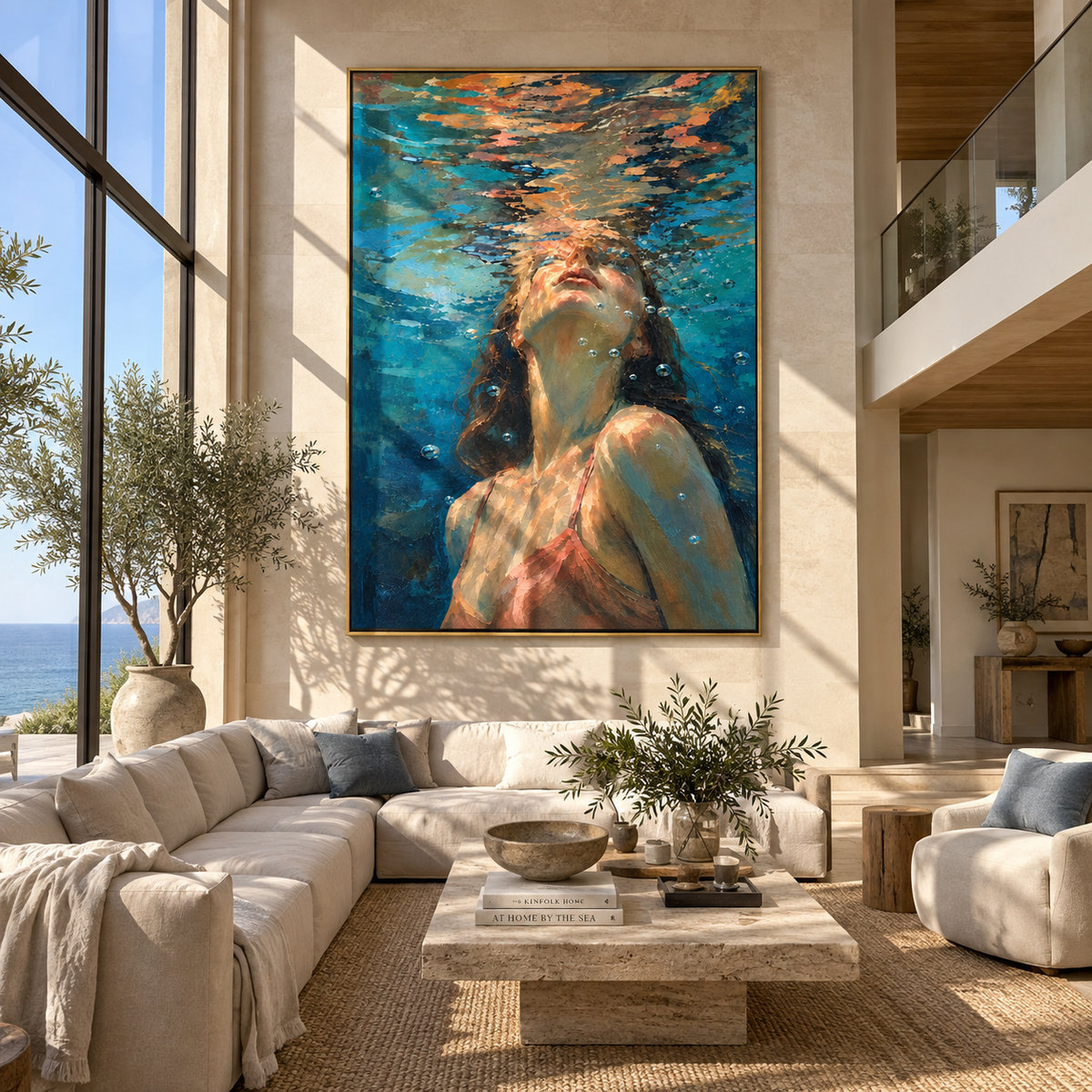 Deep Blue Breath – woman beneath rippling water, Retro Modern vertical wall art - displayed beside a bedroom dresser