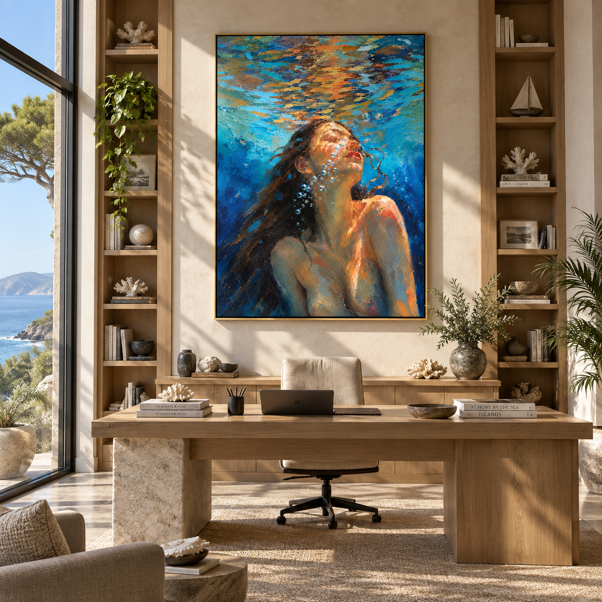 Sunlit Current – woman rising under turquoise water, Retro Modern vertical wall art - displayed beside a bedroom dresser