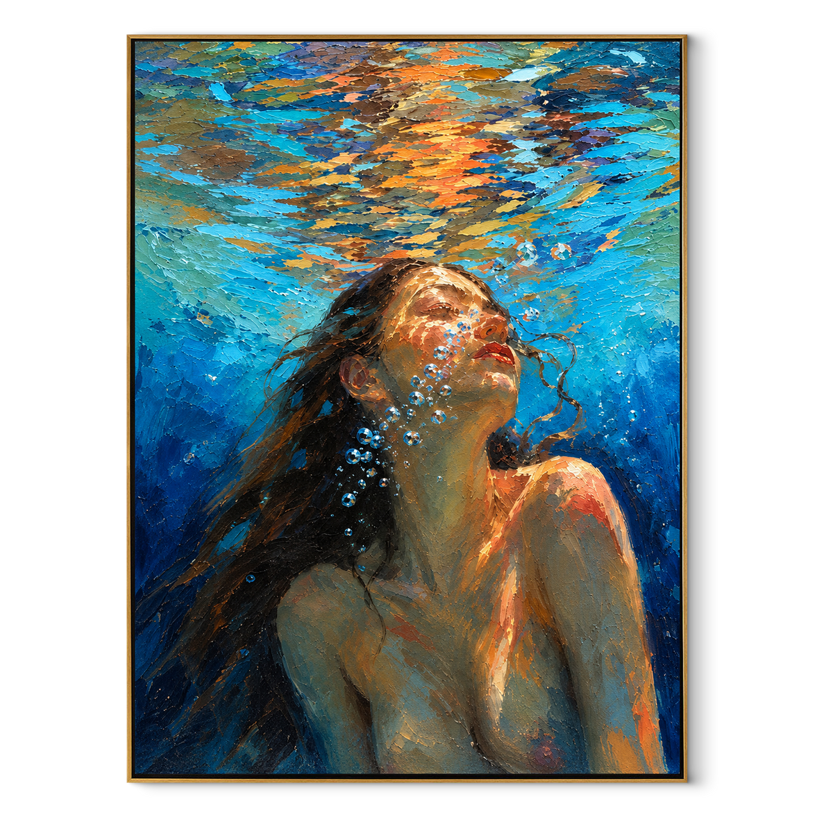 Sunlit Current – woman rising under turquoise water, Retro Modern vertical wall art - wood frame on white background