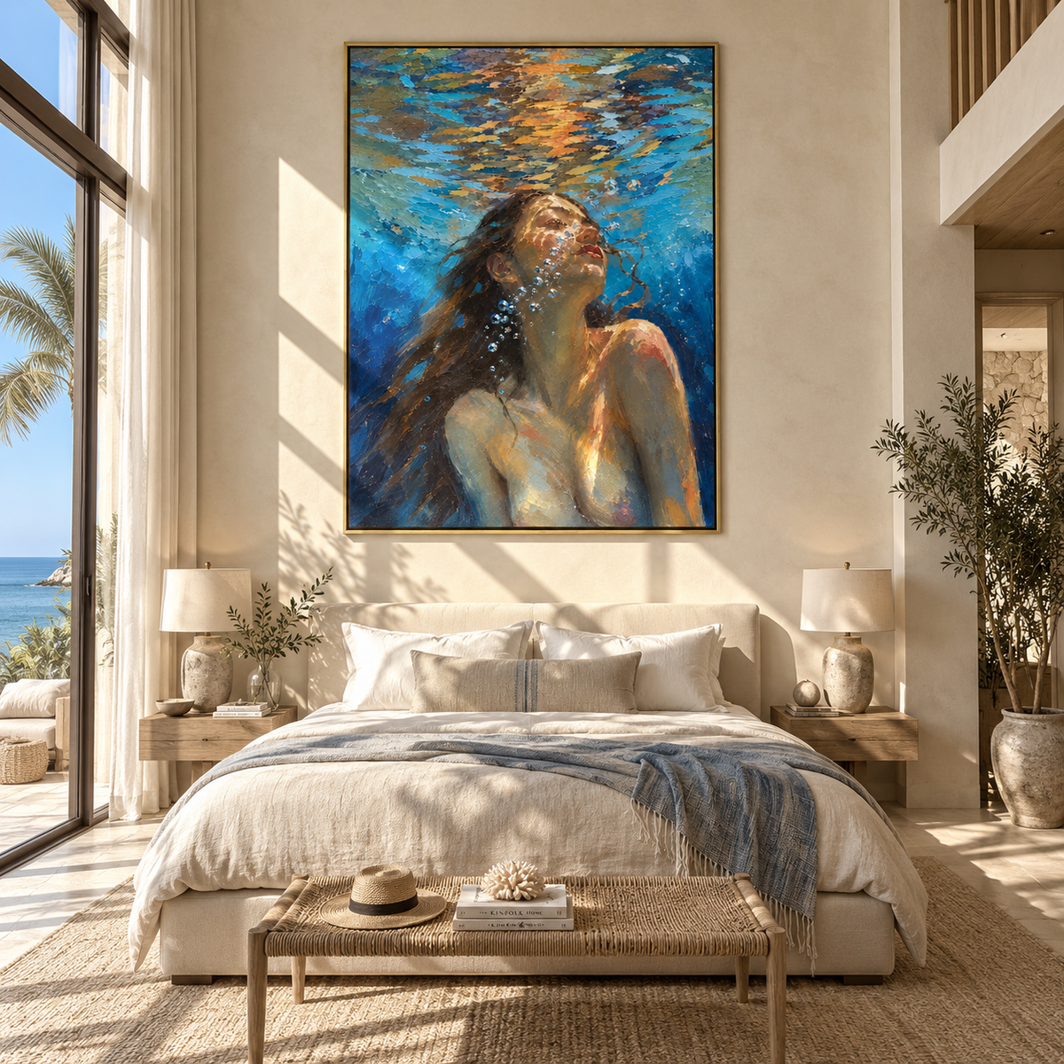 Sunlit Current – woman rising under turquoise water, Retro Modern vertical wall art - displayed along a stair landing