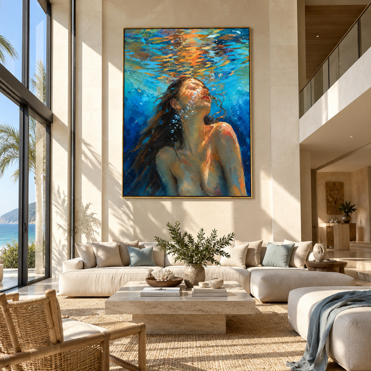 Sunlit Current – woman rising under turquoise water, Retro Modern vertical wall art - displayed above a narrow living room console