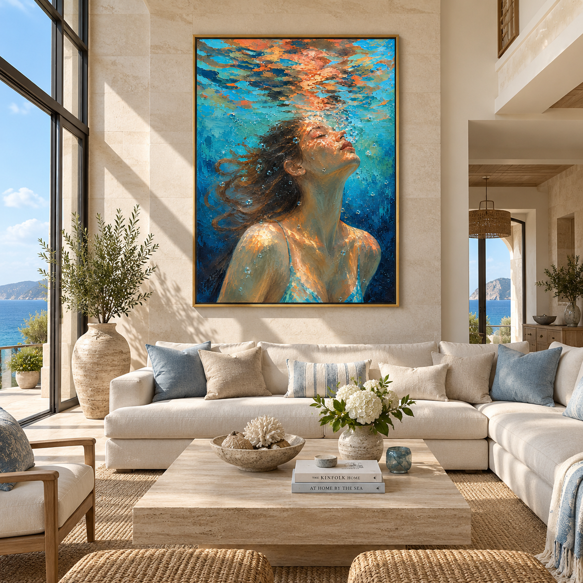 Open Water – woman looking up through blue ripples, Retro Modern vertical wall art - displayed beside a bedroom dresser