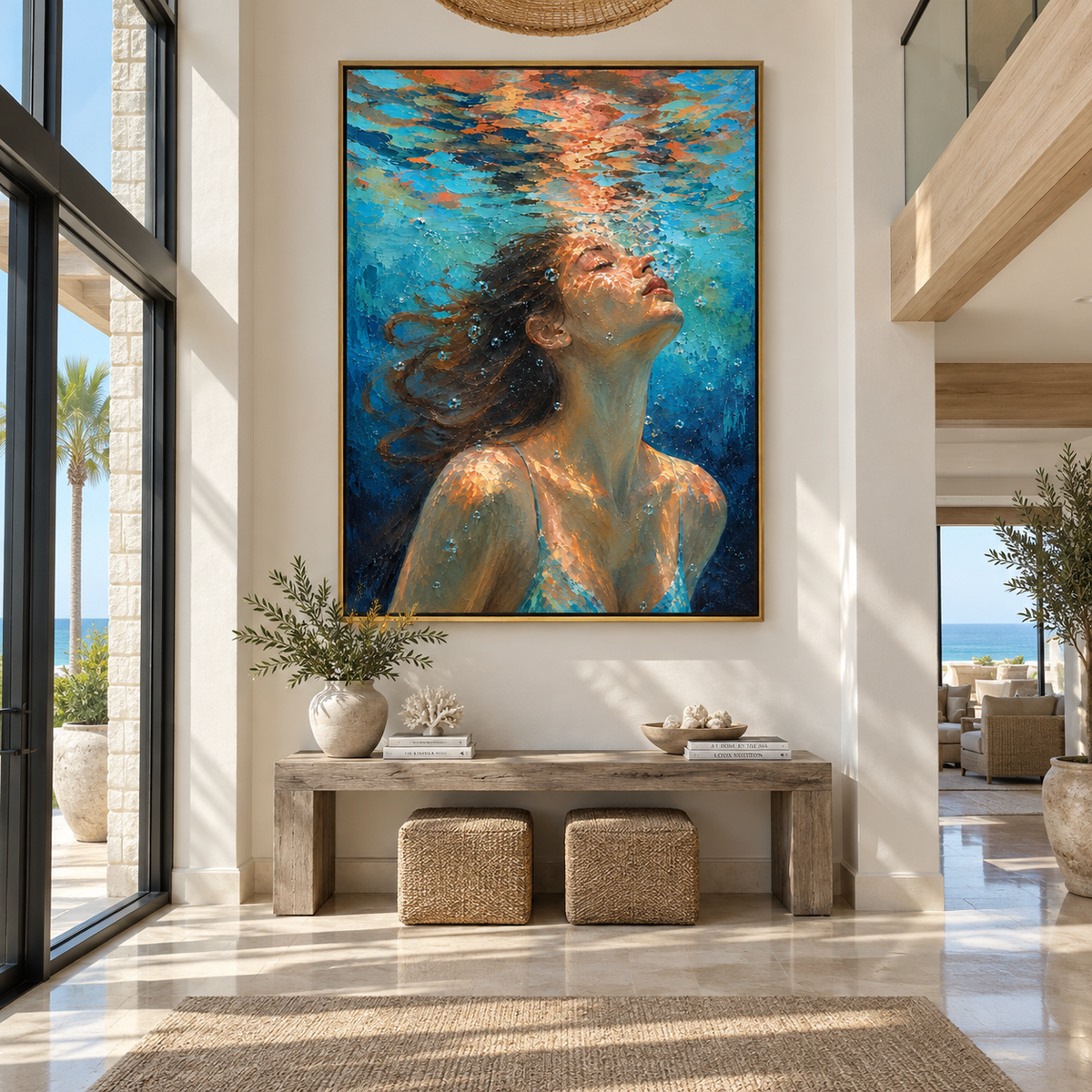Open Water – woman looking up through blue ripples, Retro Modern vertical wall art - displayed along a stair landing