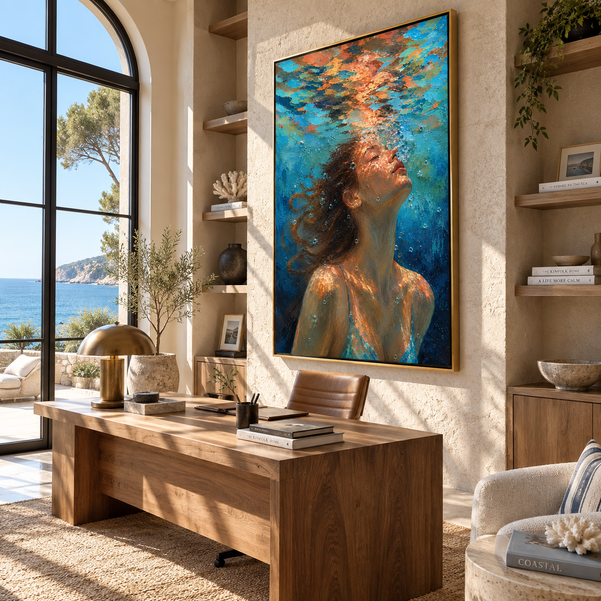Open Water – woman looking up through blue ripples, Retro Modern vertical wall art - displayed above a narrow living room console