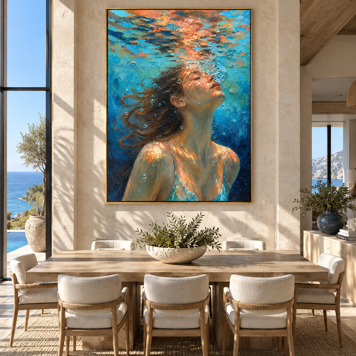 Open Water – woman looking up through blue ripples, Retro Modern vertical wall art - displayed in a quiet reading corner