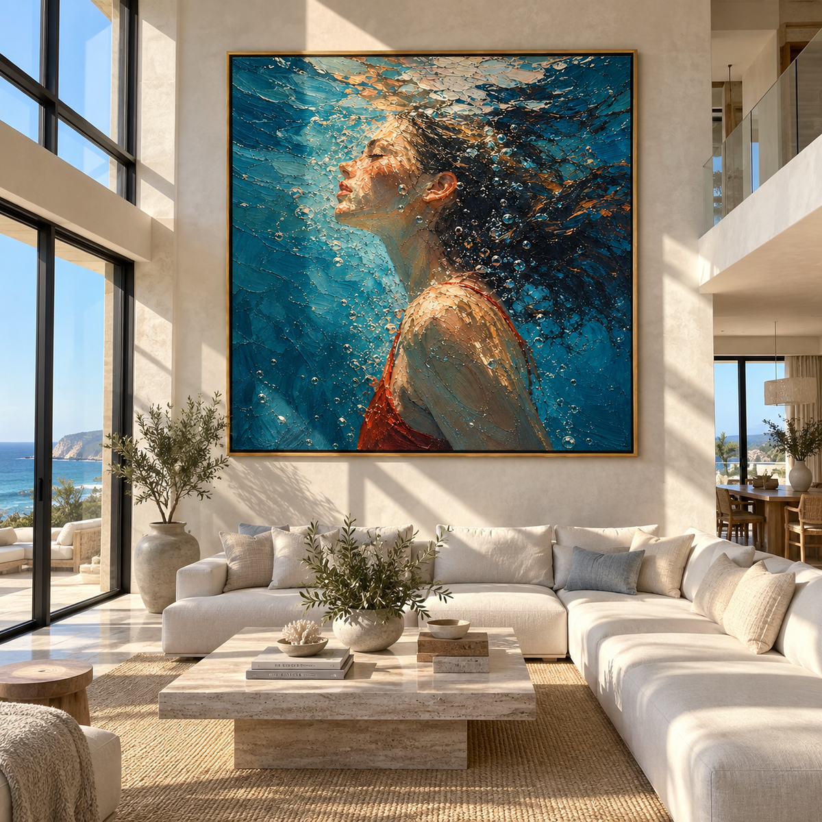 Side Current – profile of woman underwater, Retro Modern square wall art - displayed on a calm bedroom wall