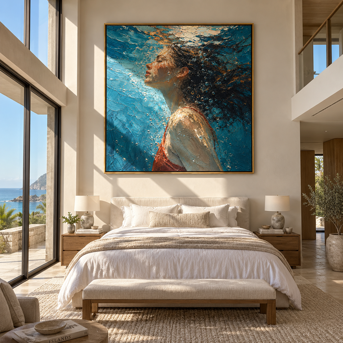 Side Current – profile of woman underwater, Retro Modern square wall art - displayed beside a home office desk