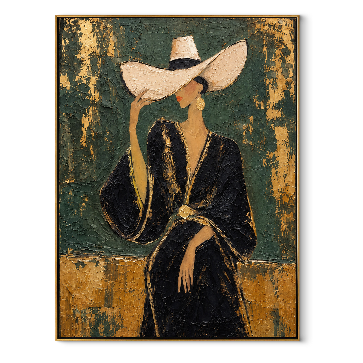 Gilded Gesture – woman in black suit touching her hat, Retro Modern vertical wall art - wood frame on white background