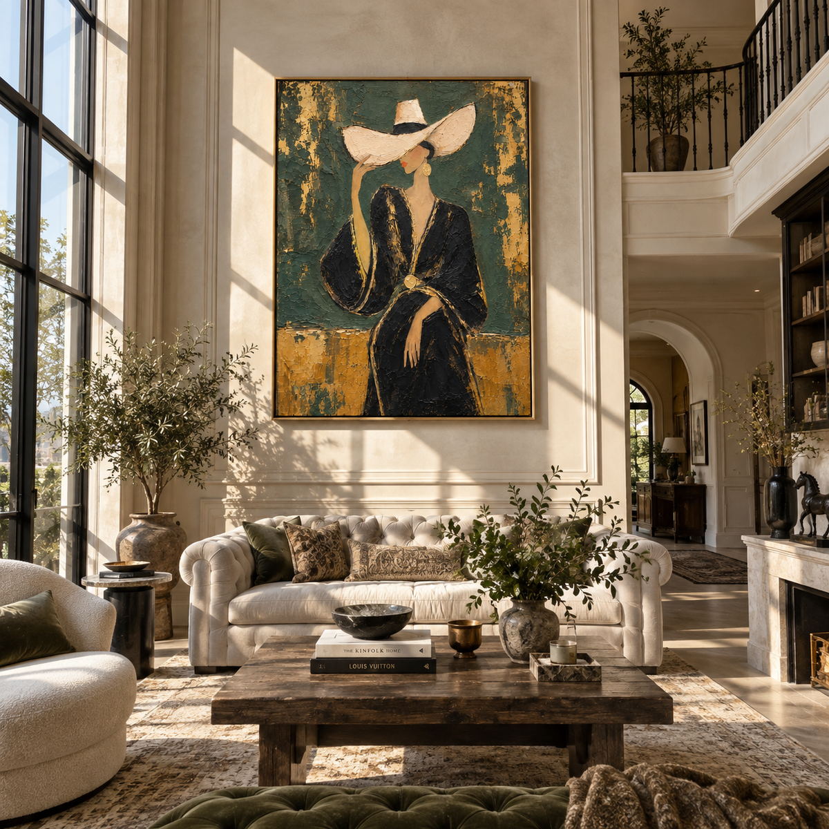Gilded Gesture – woman in black suit touching her hat, Retro Modern vertical wall art - displayed along a stair landing