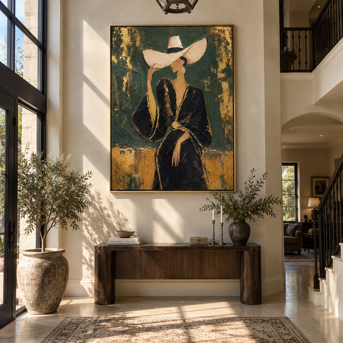 Gilded Gesture – woman in black suit touching her hat, Retro Modern vertical wall art - displayed in a quiet reading corner
