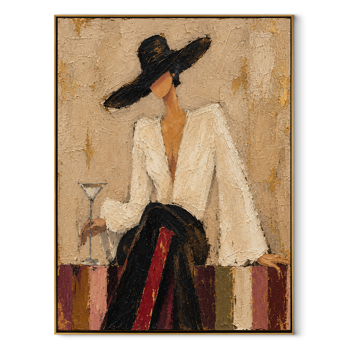 Ivory Evening – woman in white suit with two martinis, Retro Modern vertical wall art - wood frame on white background