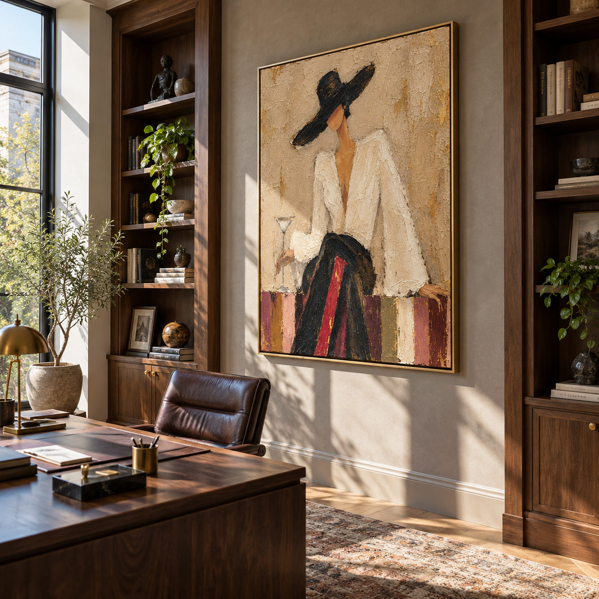 Ivory Evening – woman in white suit with two martinis, Retro Modern vertical wall art - displayed through an entryway