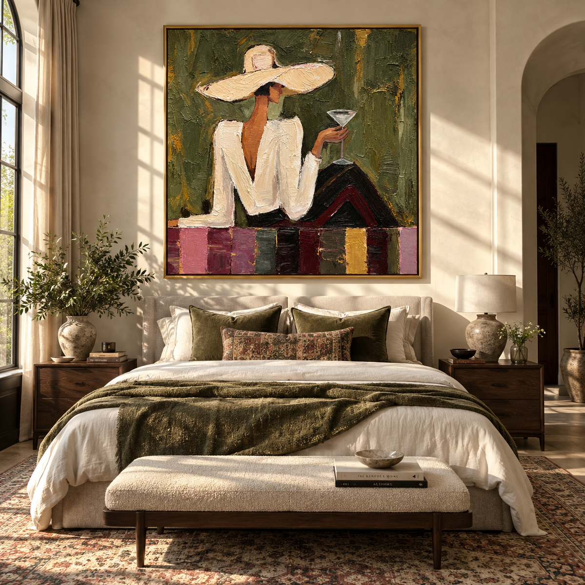 Garden Toast – woman in white suit holding martini, Retro Modern square wall art - displayed on a calm bedroom wall