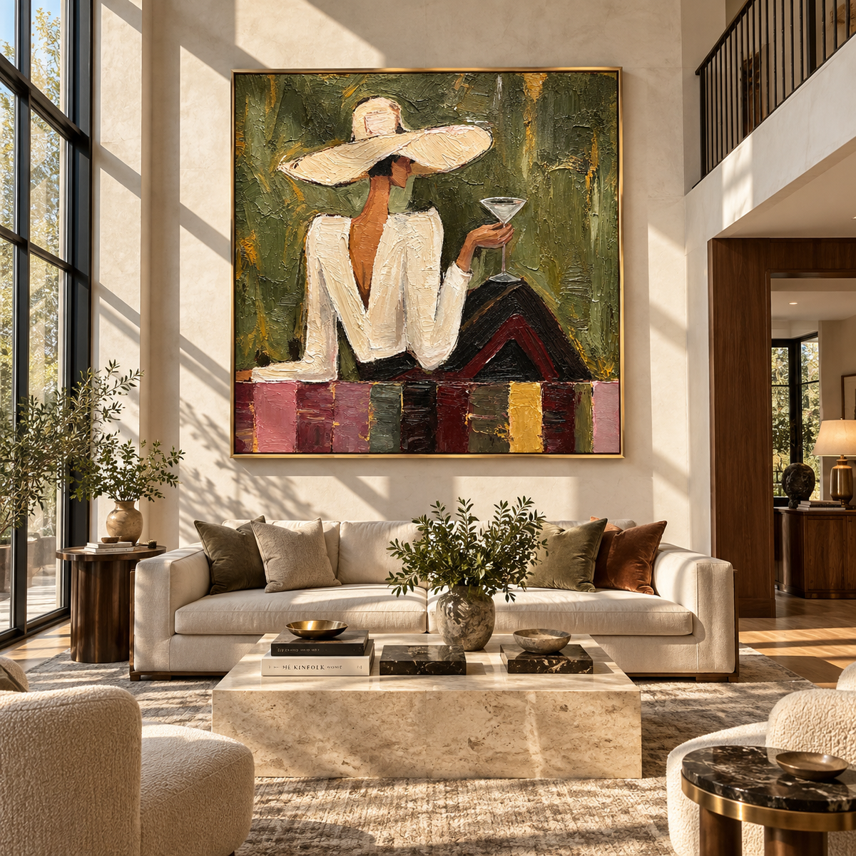 Garden Toast – woman in white suit holding martini, Retro Modern square wall art - displayed beside a home office desk