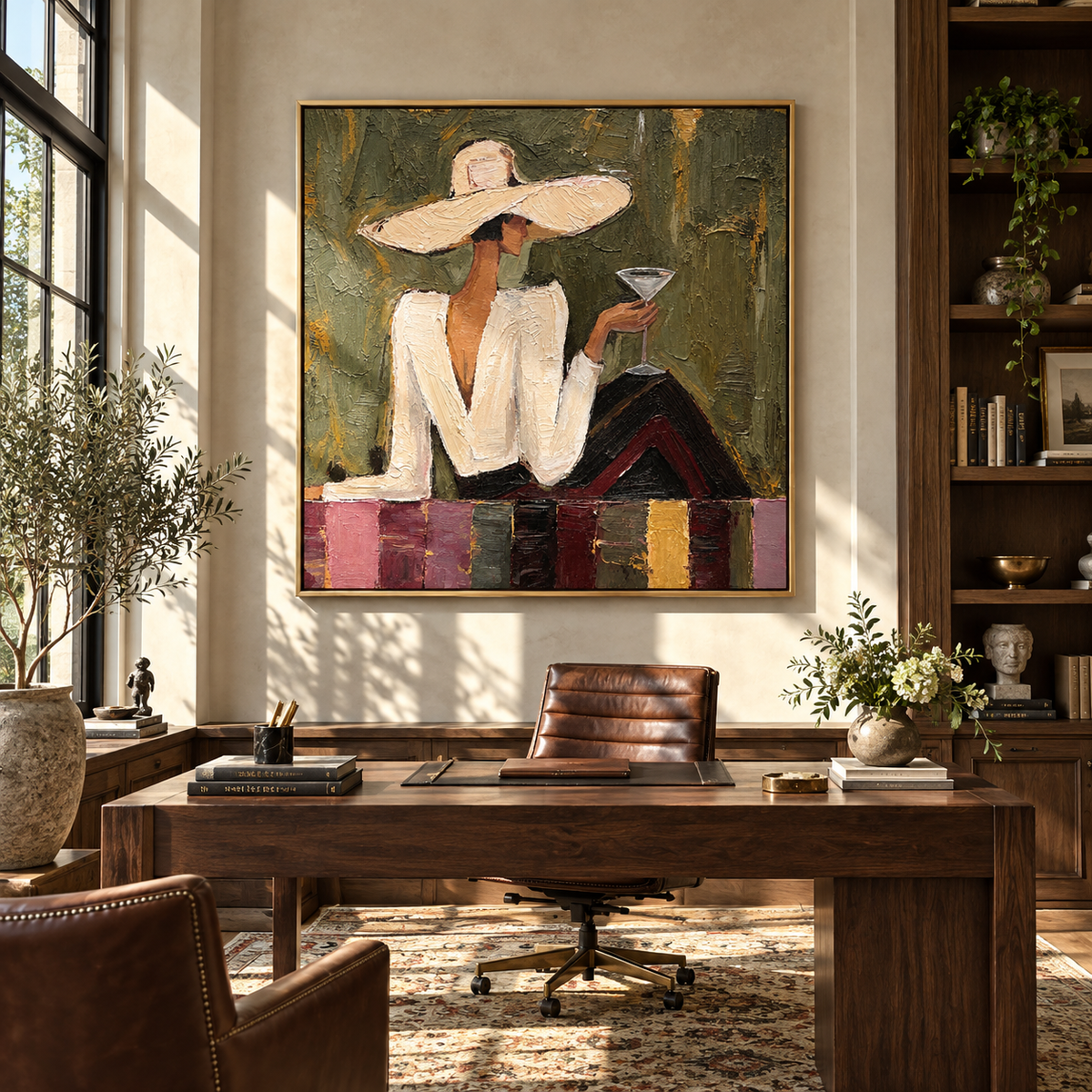 Garden Toast – woman in white suit holding martini, Retro Modern square wall art - displayed in a collected modern lounge