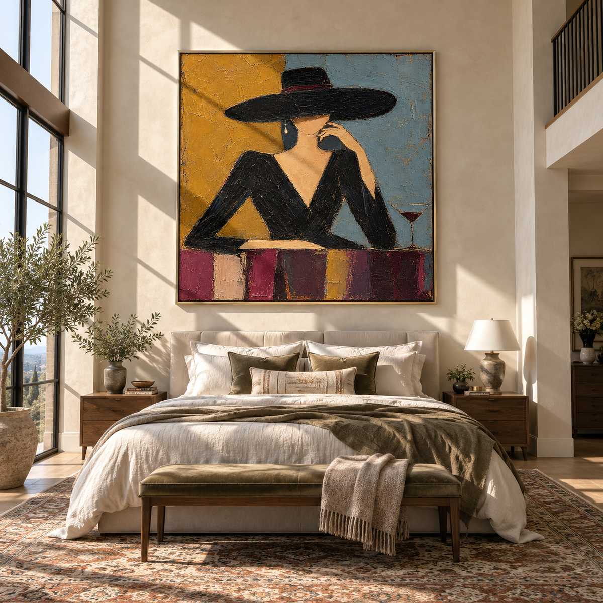 Amber Conversation – woman in black dress at the table, Retro Modern square wall art - displayed above a living room console